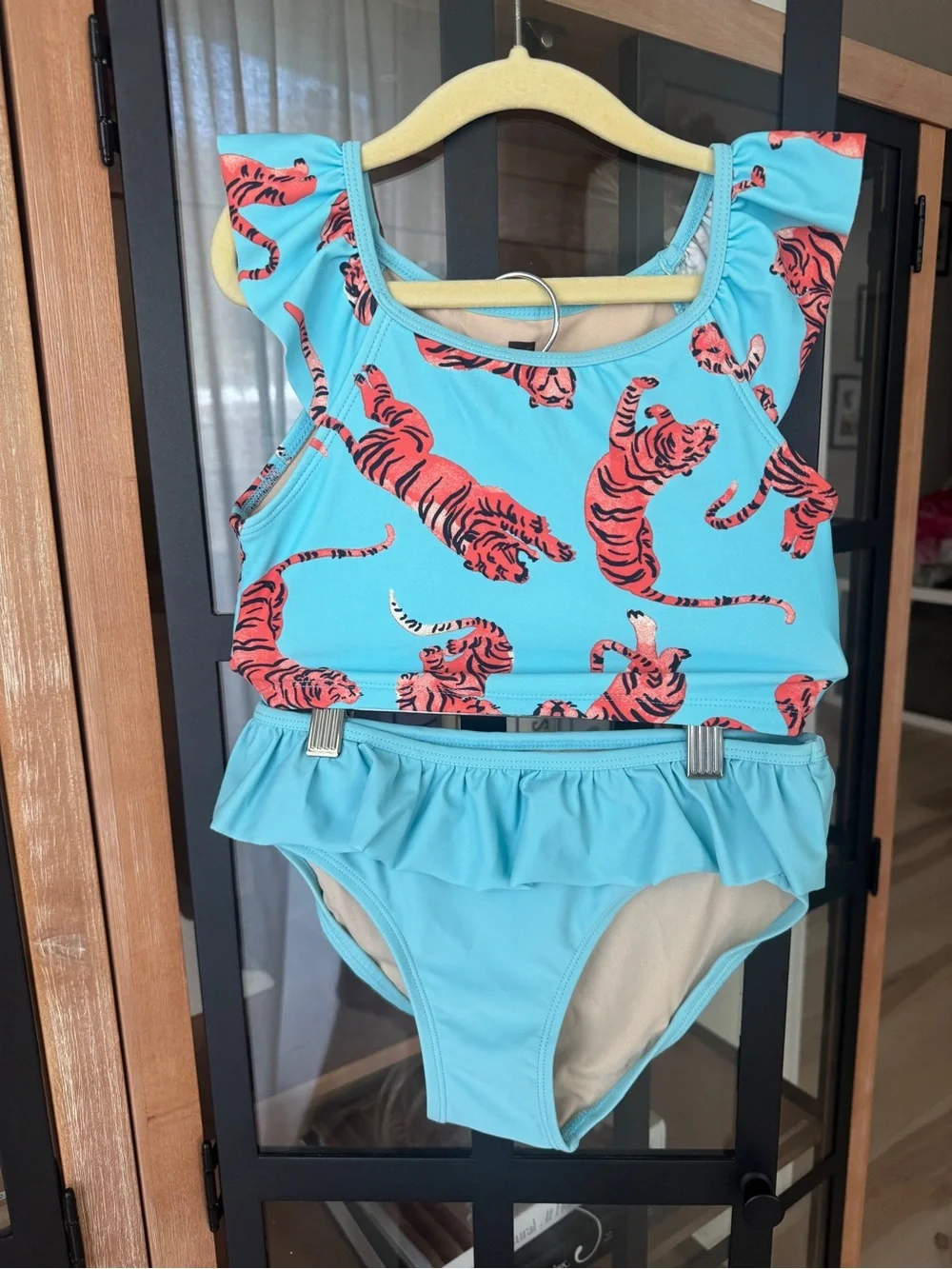 Tea Collection tigers bikini set turquoise swimsuit ruffle girls tank bottoms